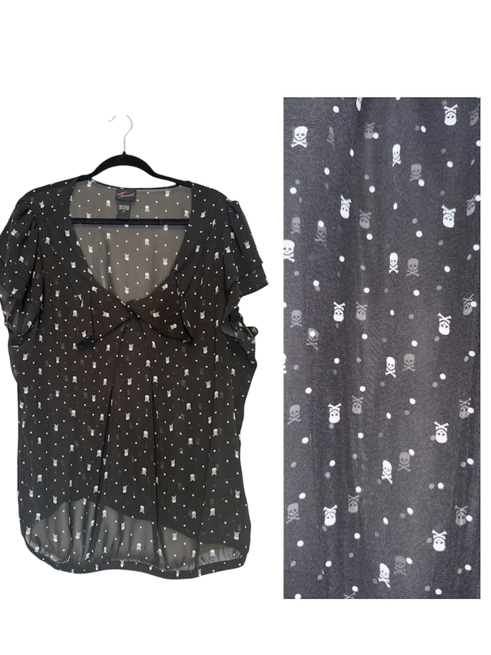 Torrid Skull Print Chiffon Blouse Size 2 Black Sheer Bow Front Flutter Sleeve